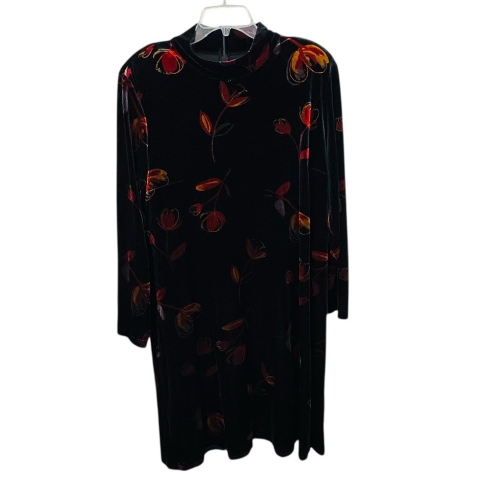 KC Spencer Dress 16W  Black Red Floral Velvet Shoulder‎ Pads Bust Darts VTG Midi